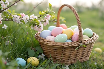 Wicker basket filled with colorful Easter eggs in a spring garden, festive holiday celebration