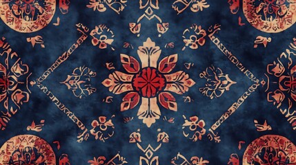 A detailed textile pattern showcasing traditional Ajrak motifs in indigo and maroon hues, featuring symmetrical geometric shapes and intricate floral details
