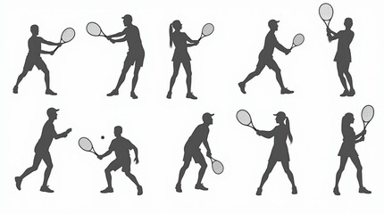 Silhouettes of Tennis Players in Dynamic Poses on White Background