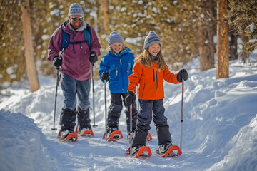 family snowshoeing in the winter
