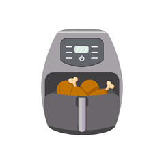 Chicken dishes cooked in the air fryer. Drumsticks vector illustration. Сooking process is complete.