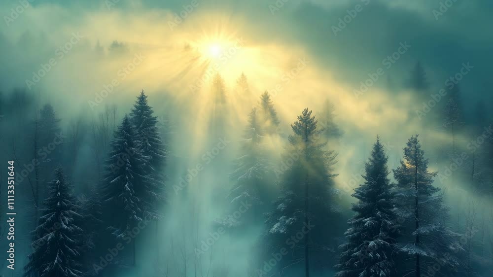 Aufkleber serene and peaceful forest scene with trees covered in fog. the sun is shining through the trees, cr