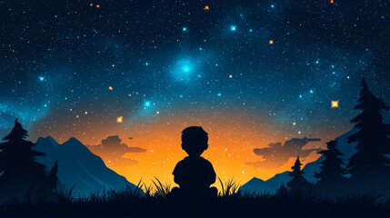 Fototapeta premium Silhouetted child gazes at a breathtaking night sky, filled with stars and a vibrant orange sunset. Peaceful and serene.