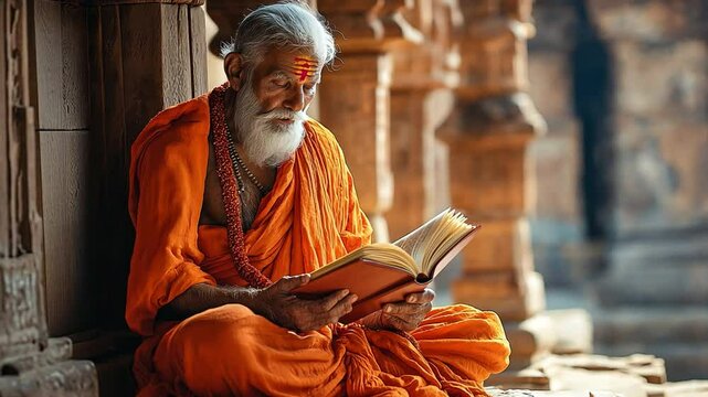 an elderly Indian monk at an old temple, reading a book