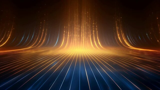 Long, curving line of bright orange and blue lights. The lights are arranged in a way that creates a sense of movement and depth. The scene is likely to be used in a video or a performance