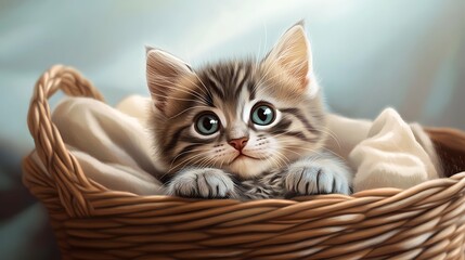 Adorable tabby kitten with big eyes sitting in a wicker basket.