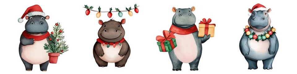 Naklejka premium Christmas hippopotamus, Watercolor, Clipart. Festive hippos celebrating Christmas with decorations and gifts.