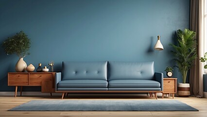 3D render of a modern, mid-century living room with a leather couch and a wood cabinet on a blue wall and wood floo
