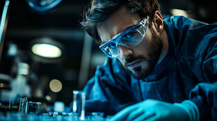Focused Male Scientist in Lab Coat Analyzing Data with Advanced Technology in Modern Laboratory Setting