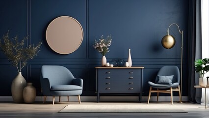 Interior of a living room with a commode, chair, and décor, mockup of a dark blue wall, 3D render