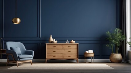 Interior of a living room with a commode, chair, and décor, mockup of a dark blue wall, 3D render