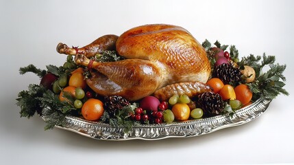 Roasted Turkey on Silver Platter with Festive Decorations
