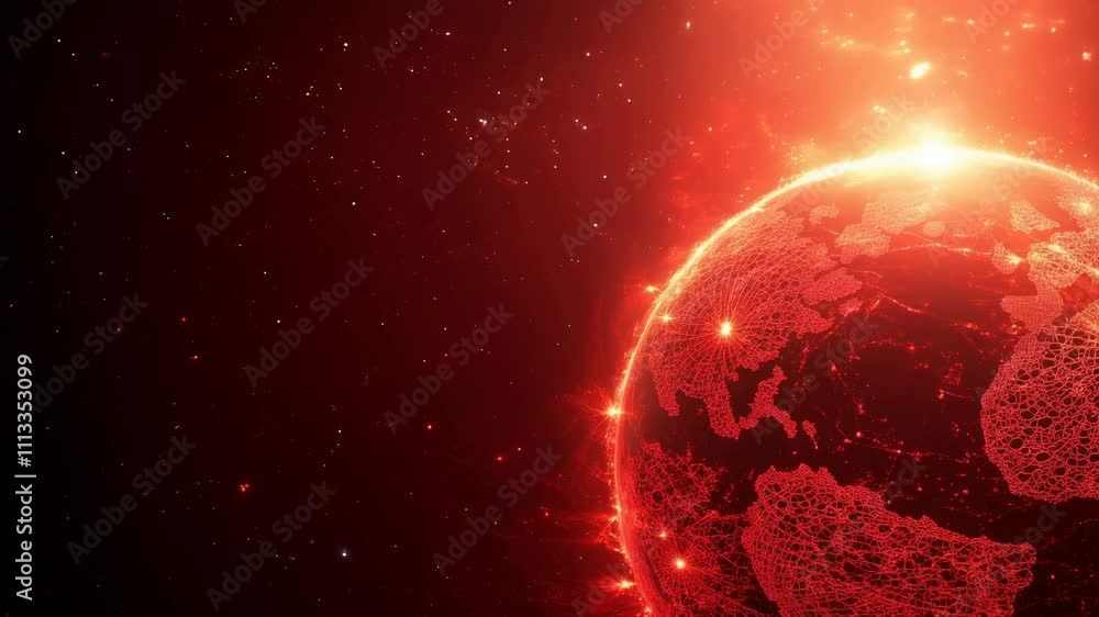 Poster red planet with a red background. the planet is surrounded by a network. concept of chaos and confus