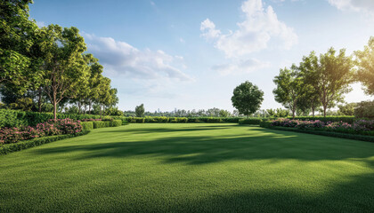 serene landscape featuring lush green grass, vibrant trees, and blooming flowers under clear blue sky. This beautiful scene evokes sense of tranquility and nature beauty
