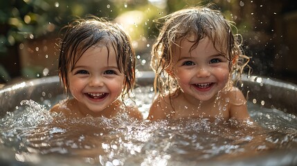 Obraz premium Two smiling toddlers, one boy and one girl, playing in a small wading pool in a sunny backyard, splashing water and laughing 
