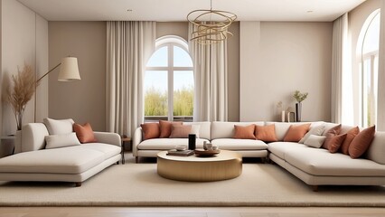 Fototapeta premium Chic living room interior with couches and carpet-