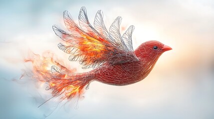 Fototapeta premium The photo collage depicts a fiery red bird with flaming feathers, soaring through the sky with intricately detailed wire wings that give the impression of strength and resilience
