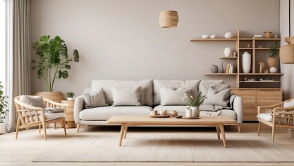 Obraz premium Scandinavian living room design with wooden natural furniture and mockup of the inside wall