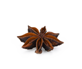 A single, dried star anise pod with eight points and visible seeds, isolated on a transparen png.