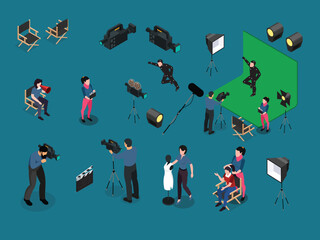 Film Production and Movie Making with Crew and Equipment 3d isometric vector illustration