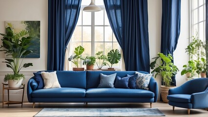 Actual image of a light-filled living room with a royal blue couch, three basic paintings, a window with curtains, and fresh plants-