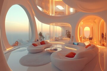 Futuristic living room with panoramic sunset views, organic curves, and warm lighting.
