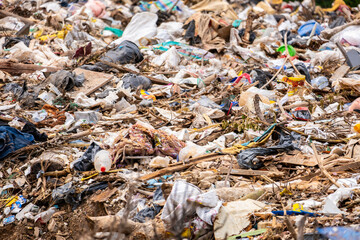 Top view plastic waste, plastic cups . Concept of environmental problems and saving the planet.