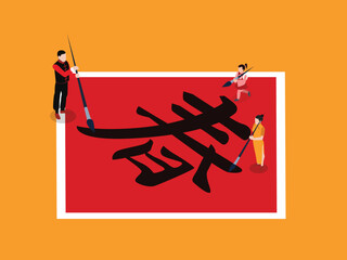 Traditional Calligraphy Art with Collaborative Effort 3d isometric vector illustration