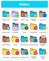 A set of 20 folder icons as delete folder, download folder, search folder