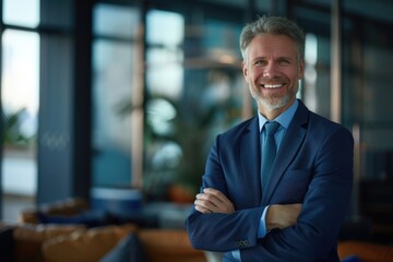 Fototapeta premium Confident mid aged CEO in office wearing blue suit smiling.