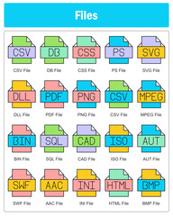 A set of 20 files icons as csv file, db file, css file