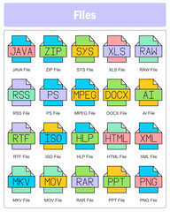A set of 20 files icons as java file, zip file, sys file