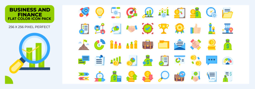 Business And Finance Flat Icons Pack, Contains Such Icons as performance,salary,graph and more