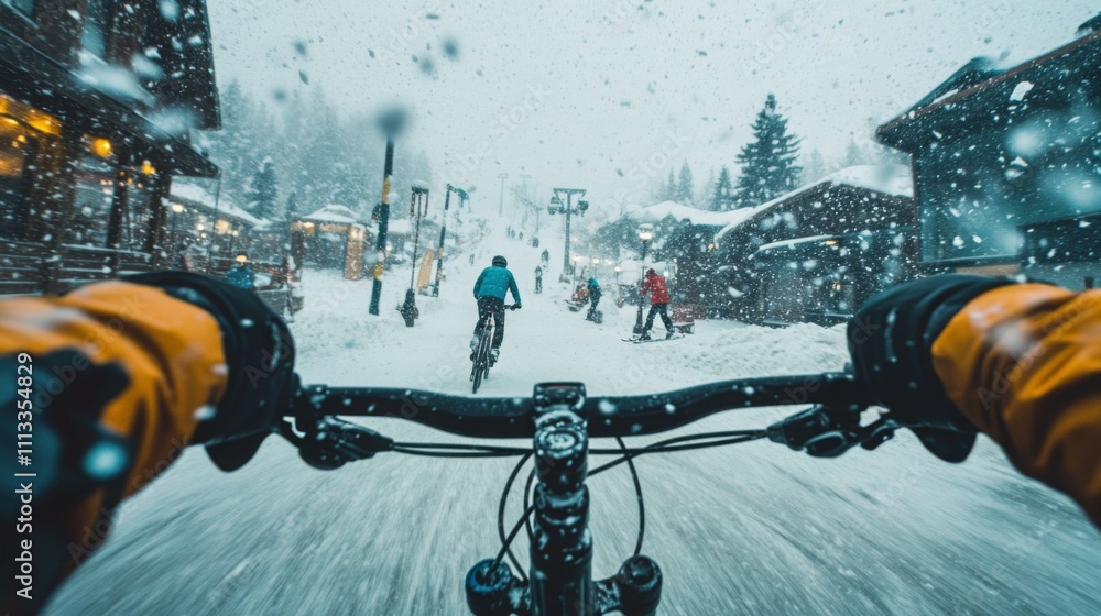 Poster Snowflakes fall heavily as cyclists navigate through a quaint village blanketed in white. Trees and traditional buildings line the snowy path, creating a serene winter atmosphere.