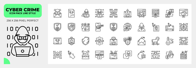 Cyber Crime Line Icons Pack, Contain Such Icons as Phishing, Hacker, DDOS,Cyber Attack and more