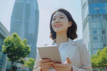 Fototapeta premium Asian businesswoman leader using digital tablet in city.