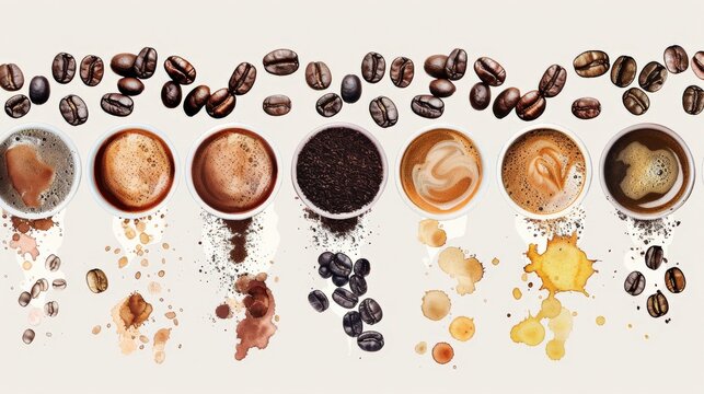 Illustration of different coffee beans being used for drip coffee, showcasing flavor profiles