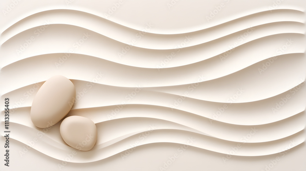 Aufkleber serene wave patterns and stones minimalist design studio setting calm atmosphere top-down view abstr