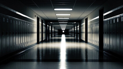 Fototapeta premium Low-key cinematic photograph of a dimly lit, eerily empty school or hospital hallway with a long corridor stretching into the distance