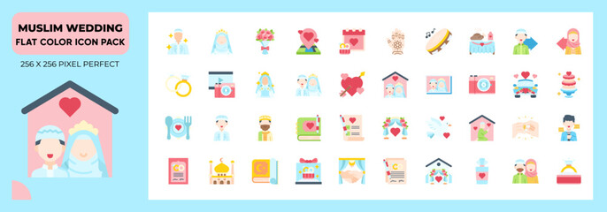 Muslim wedding Flat Icons Pack, Contain Such as Bride, Wedding Rings, Wedding Car and More