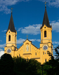 Close-up of Church of Assumption of Mary in Bruneck largest town in Puster Valley in Italian province of South Tyrol