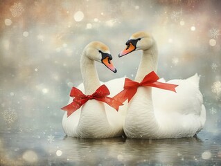 Obraz premium Two white swans with red bows in a winter lake at sunset with soft pastel bokeh. AI generated illustration