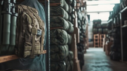 Tactical backpack on shelf in military surplus warehouse.