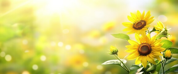 Sunflowers on a green background with copy space for text, perfect for a spring or summer banner. AI generated illustration