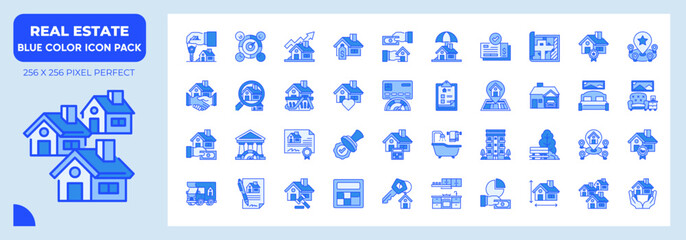 Real Estate Blue Icons Pack, Contain Such as Handover,Village,Garage and More