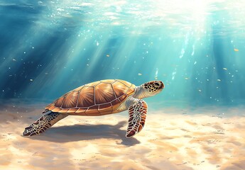 Sea Turtle Gracefully Swimming Underwater Sunlight