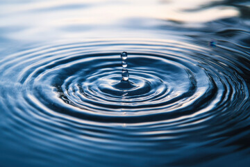 serene water surface with ripples created by droplet, showcasing calm blue tones and gentle movement. tranquil scene evokes sense of peace and relaxation