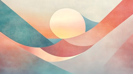 An artistic composition featuring soft pastel geometric shapes in a layered, abstract design with smooth edges and subtle gradients, creating a tranquil and modern visual aesthetic