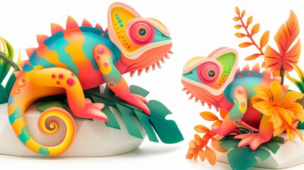 Fototapeta premium Chameleon Papercraft: A whimsical pair of colorful chameleons, crafted with intricate detail from paper, perch amidst vibrant tropical foliage.