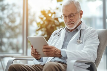 Obraz premium An elderly Caucasian male doctor wearing a white coat and stethoscope sits in a bright medical office using a tablet. The image reflects modern digital healthcare